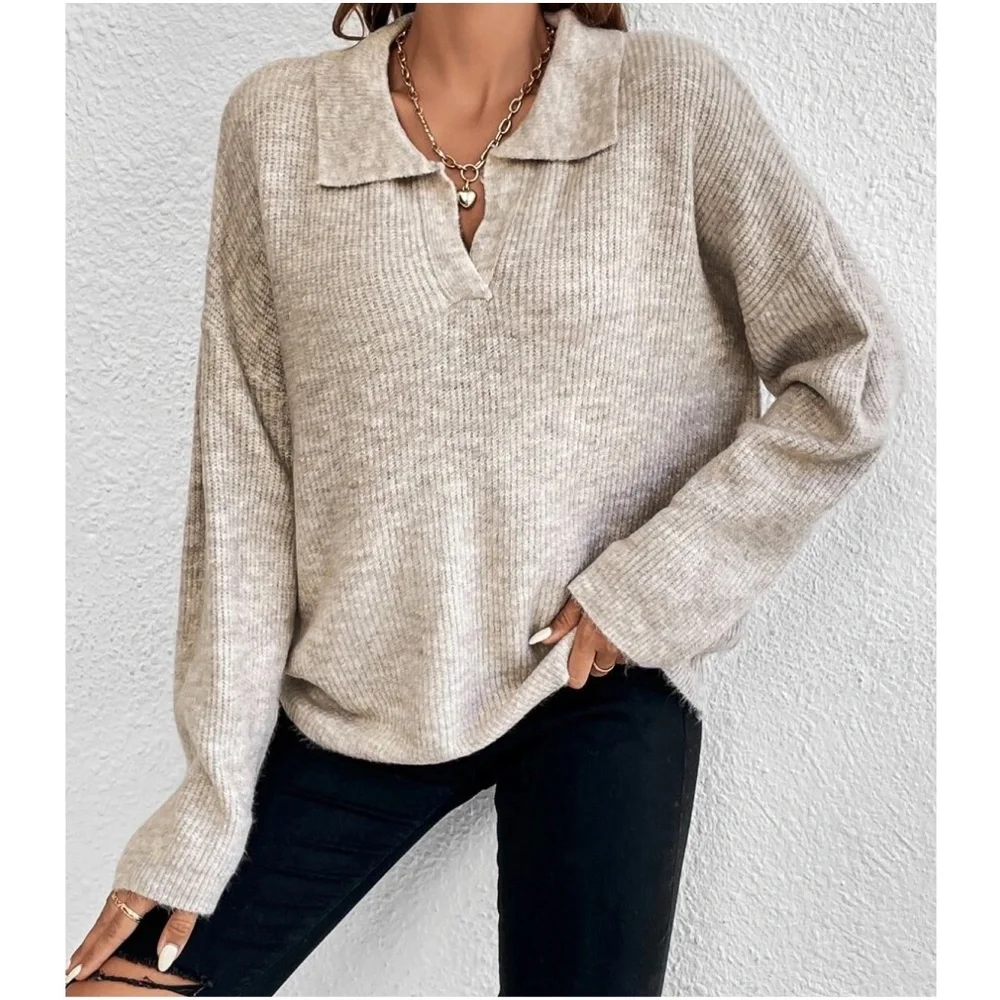 Solid Notched neck Oversized Sweater Top - Picture 5 of 9